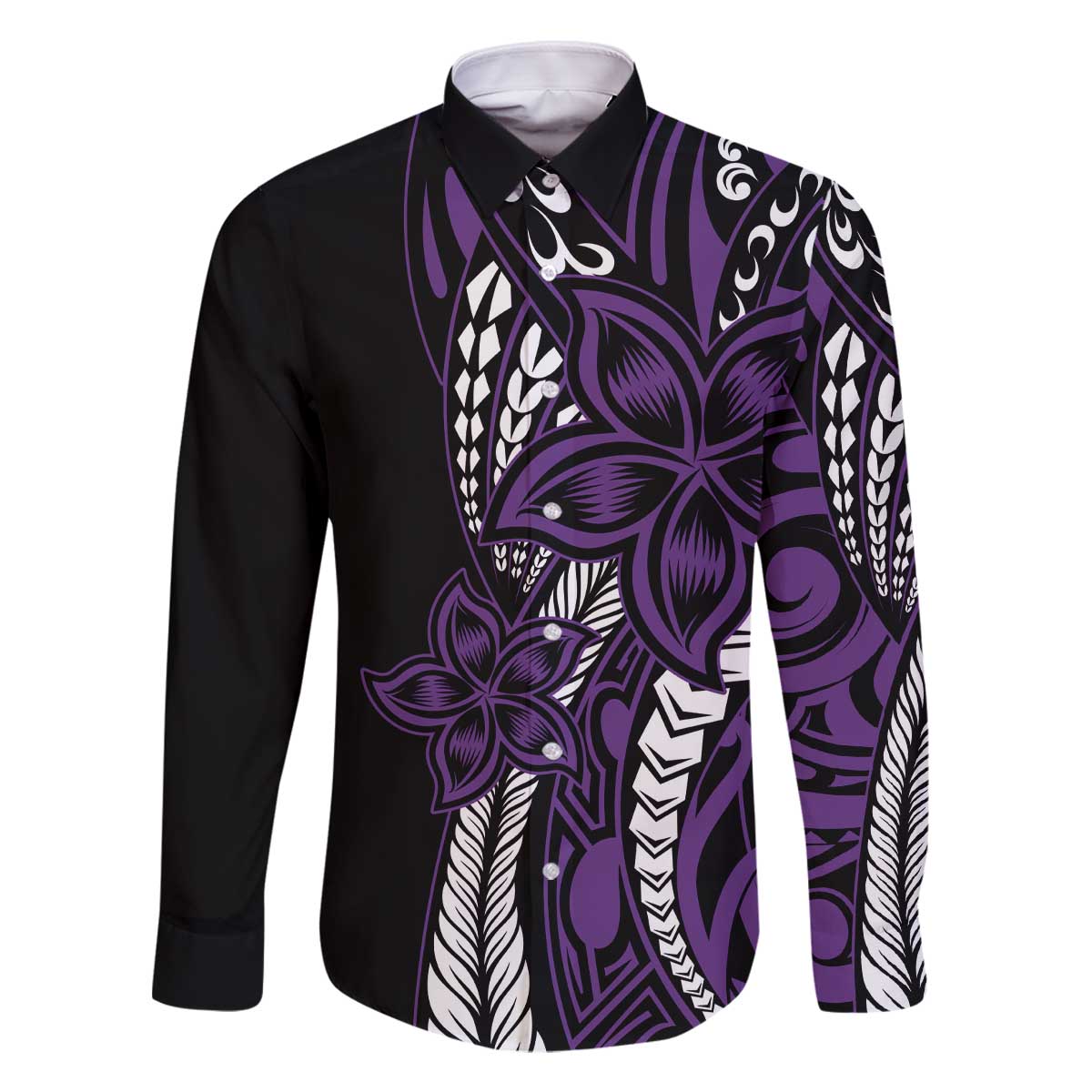 Polynesian Plumeria Floral Tattoo Pattern Family Matching Off The Shoulder Long Sleeve Dress and Hawaiian Shirt Purple Style LT9 Dad's Shirt - Long Sleeve Purple - Polynesian Pride