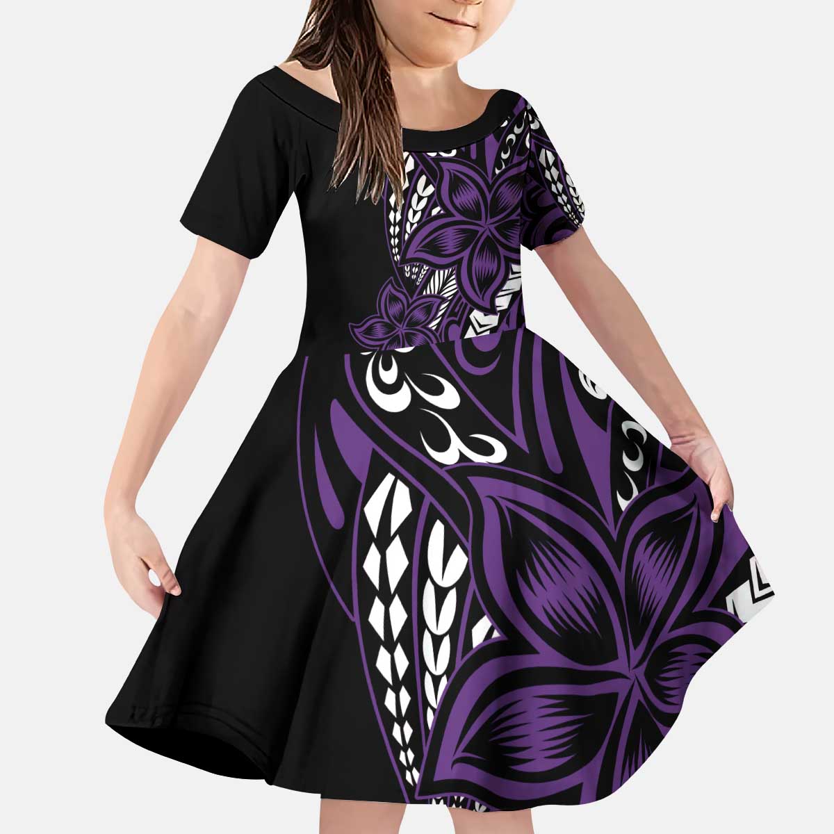 Polynesian Plumeria Floral Tattoo Pattern Family Matching Puletasi and Hawaiian Shirt Purple Style LT9 Daughter's Dress Purple - Polynesian Pride