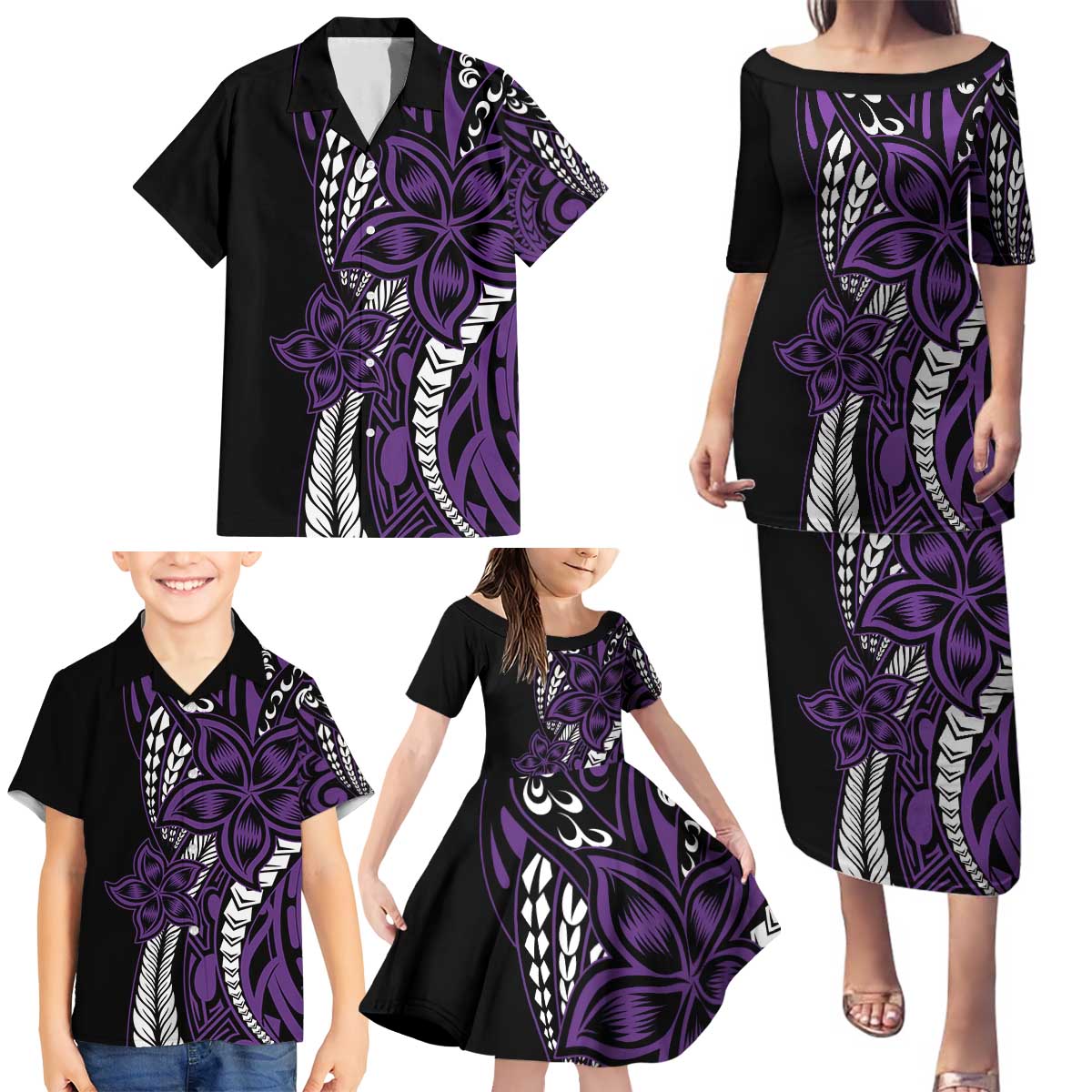Polynesian Plumeria Floral Tattoo Pattern Family Matching Puletasi and Hawaiian Shirt Purple Style LT9 - Polynesian Pride