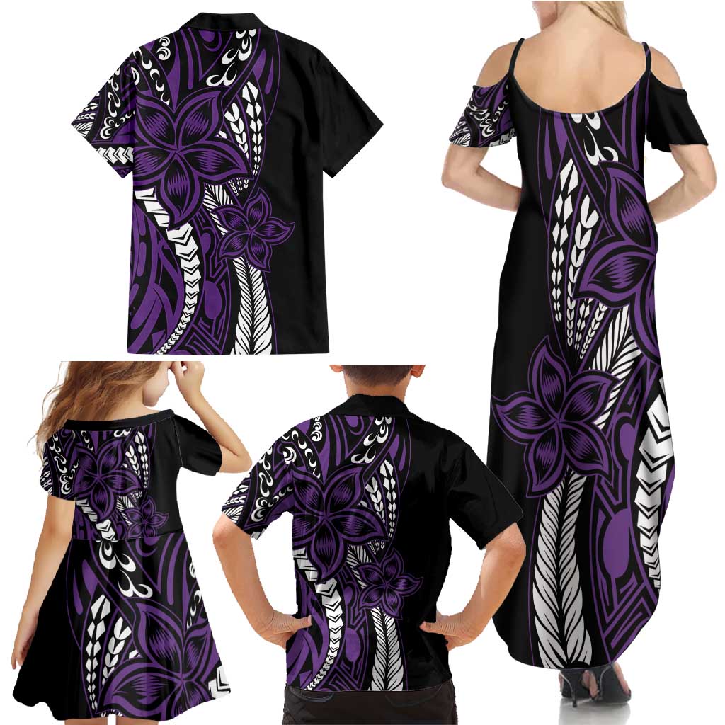 Polynesian Plumeria Floral Tattoo Pattern Family Matching Summer Maxi Dress and Hawaiian Shirt Purple Style LT9 - Polynesian Pride
