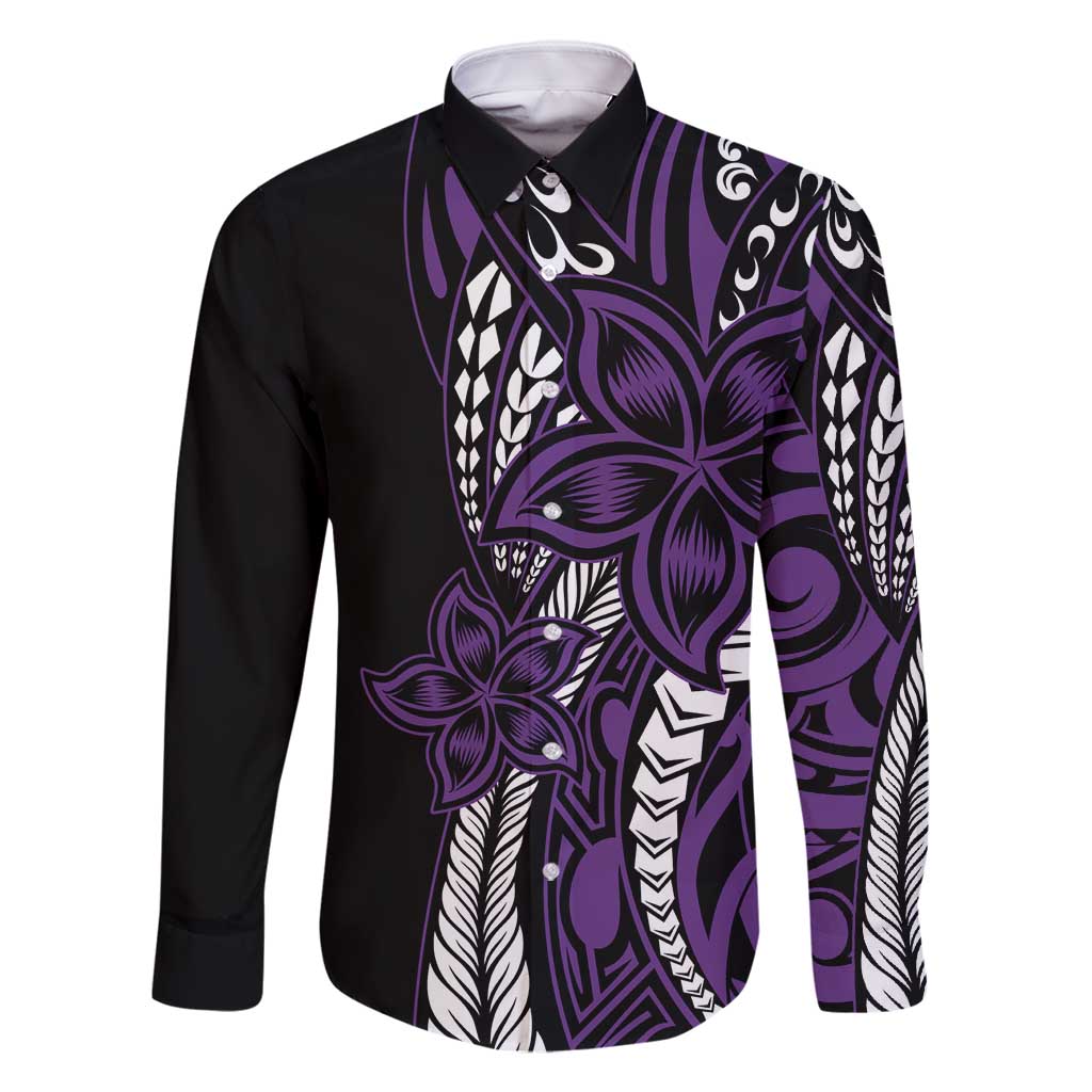 Polynesian Plumeria Floral Tattoo Pattern Family Matching Tank Maxi Dress and Hawaiian Shirt Purple Style LT9 Dad's Shirt - Long Sleeve Purple - Polynesian Pride