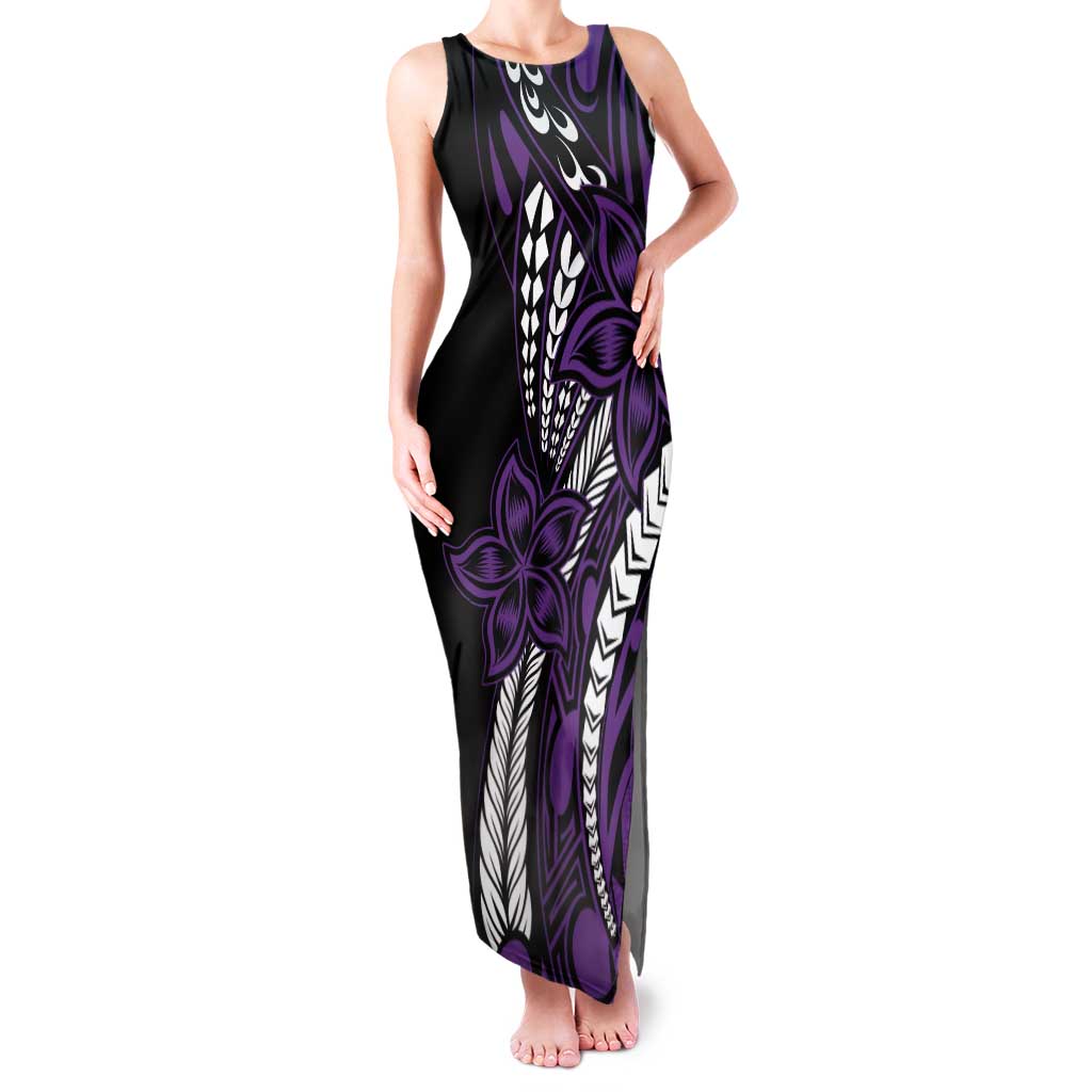 Polynesian Plumeria Floral Tattoo Pattern Family Matching Tank Maxi Dress and Hawaiian Shirt Purple Style LT9 Mom's Dress Purple - Polynesian Pride