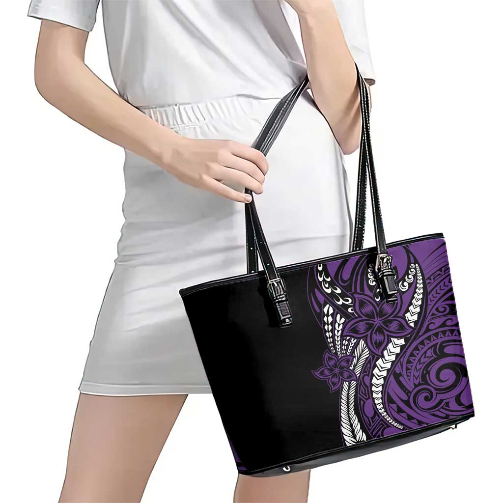Polynesian Plumeria Floral Tattoo Pattern Leather Tote Bag Purple Style LT9 - Polynesian Pride