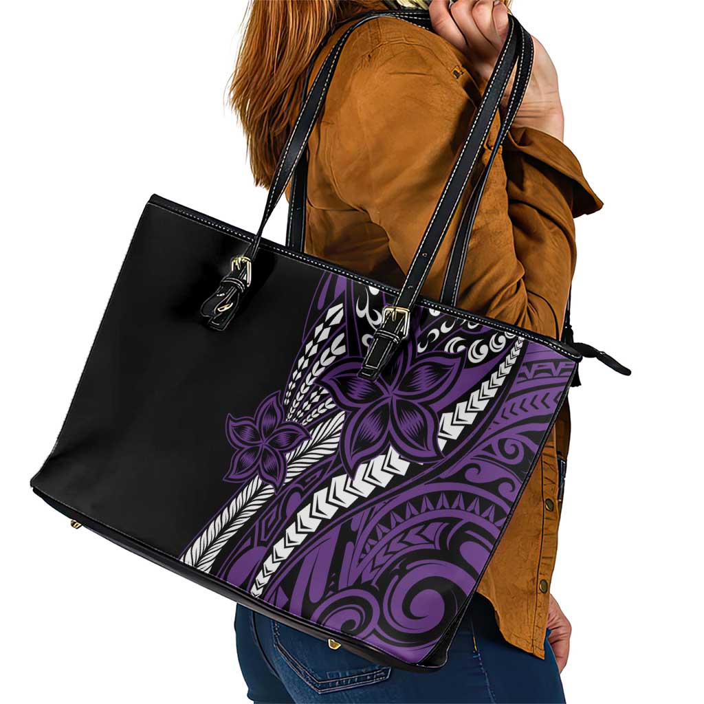Polynesian Plumeria Floral Tattoo Pattern Leather Tote Bag Purple Style LT9 - Polynesian Pride