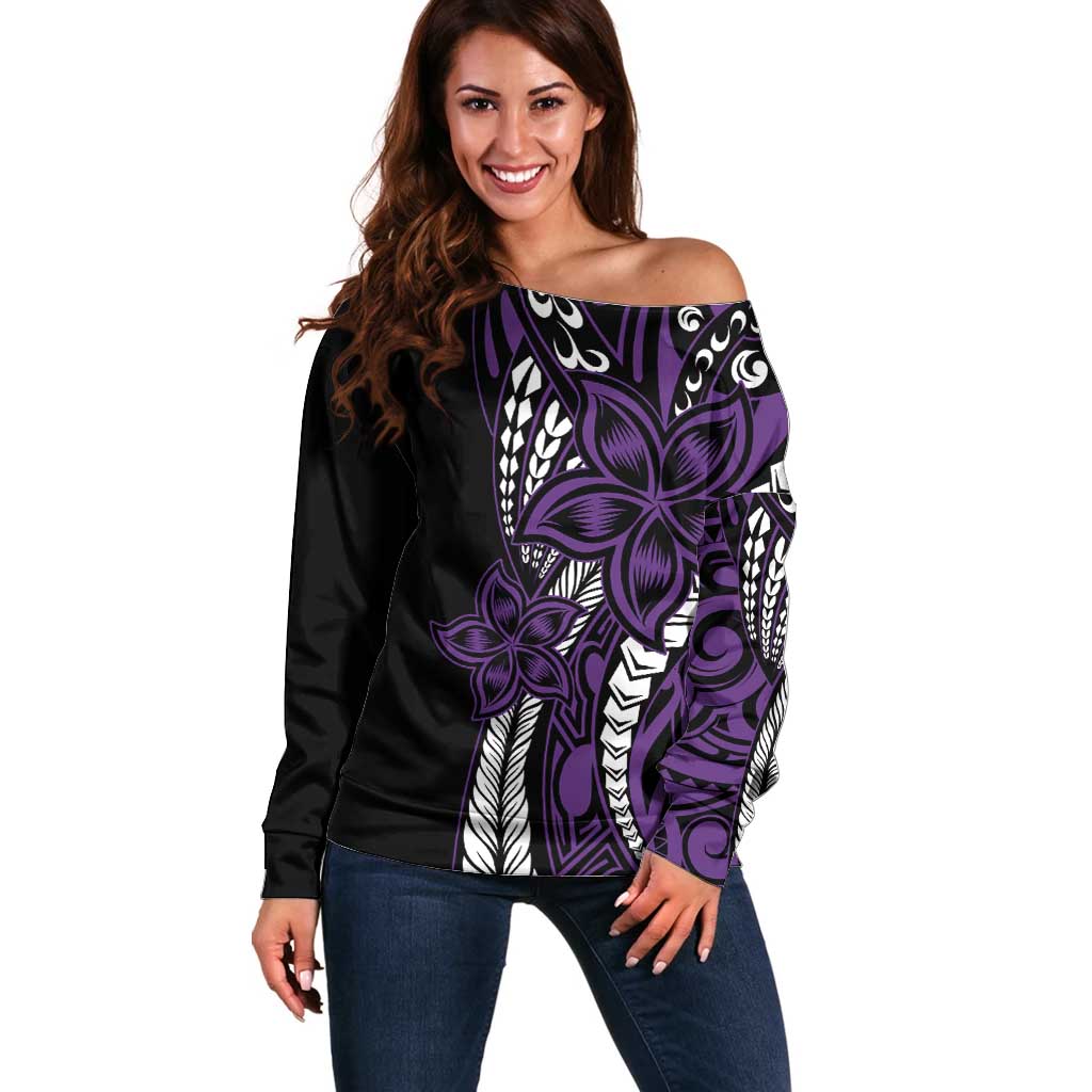 Polynesian Plumeria Floral Tattoo Pattern Off Shoulder Sweater Purple Style LT9 Women Purple - Polynesian Pride