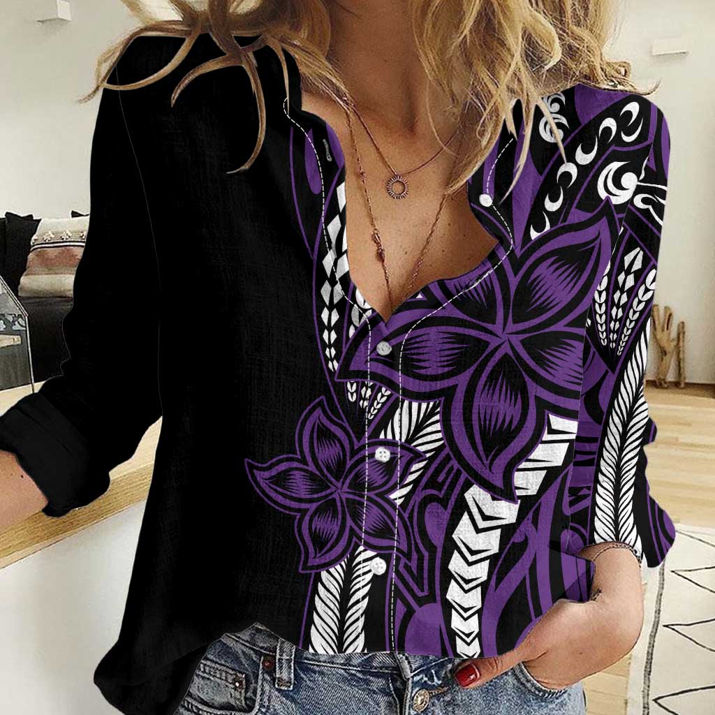 Polynesian Plumeria Floral Tattoo Pattern Women Casual Shirt Purple Style LT9 Female Purple - Polynesian Pride