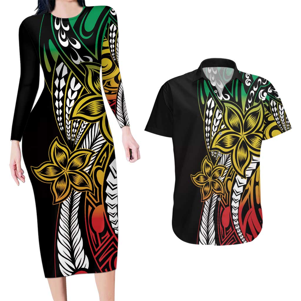 Polynesian Plumeria Floral Tattoo Pattern Couples Matching Long Sleeve Bodycon Dress and Hawaiian Shirt Reggae Style LT9 Reggae - Polynesian Pride