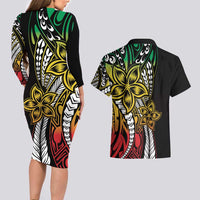 Polynesian Plumeria Floral Tattoo Pattern Couples Matching Long Sleeve Bodycon Dress and Hawaiian Shirt Reggae Style LT9 - Polynesian Pride