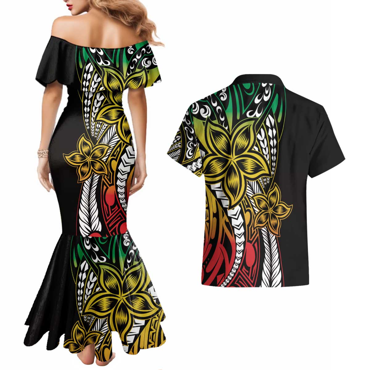 Polynesian Plumeria Floral Tattoo Pattern Couples Matching Mermaid Dress and Hawaiian Shirt Reggae Style LT9 - Polynesian Pride