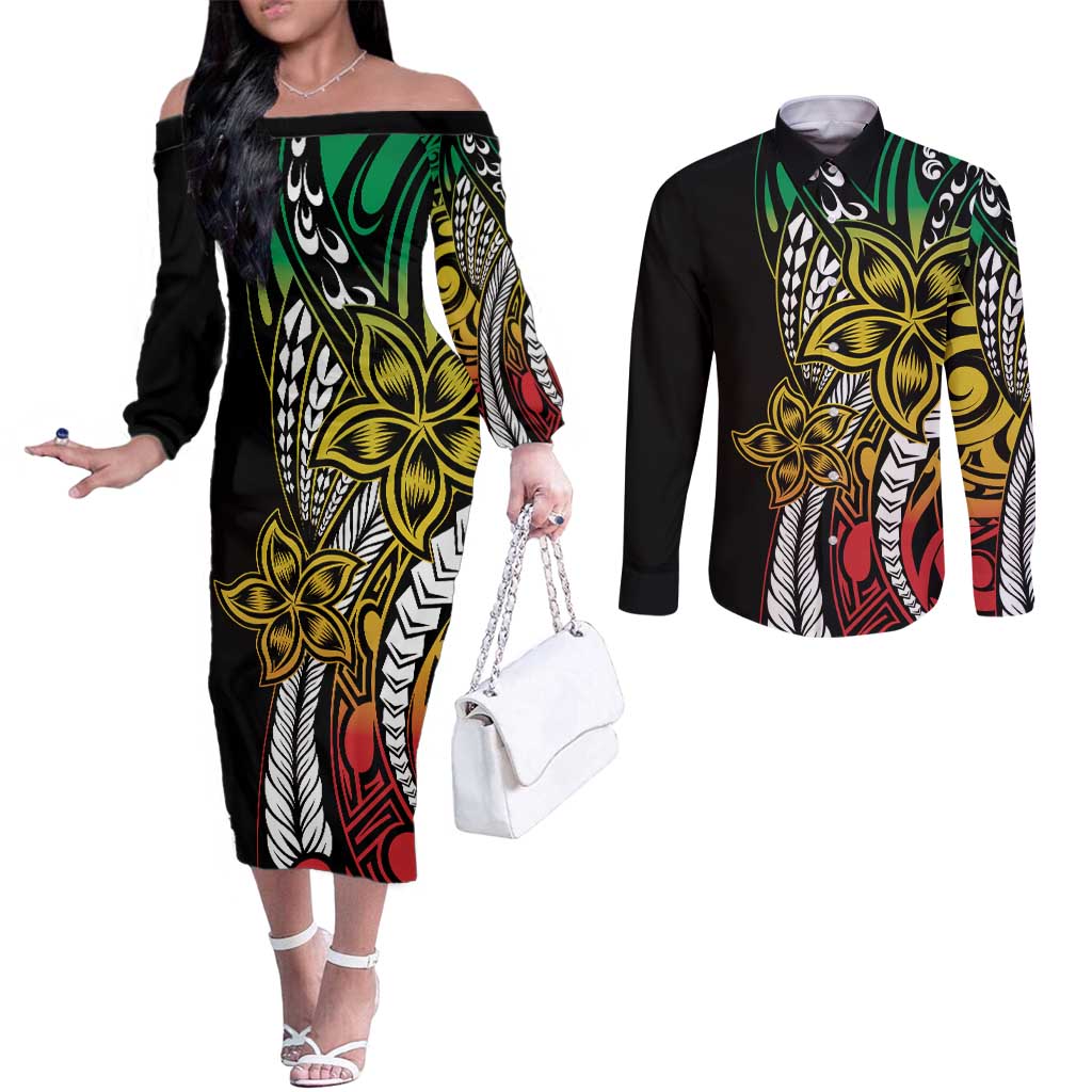 Polynesian Plumeria Floral Tattoo Pattern Couples Matching Off The Shoulder Long Sleeve Dress and Long Sleeve Button Shirt Reggae Style LT9 Reggae - Polynesian Pride