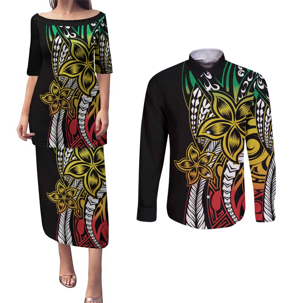 Polynesian Plumeria Floral Tattoo Pattern Couples Matching Puletasi and Long Sleeve Button Shirt Reggae Style