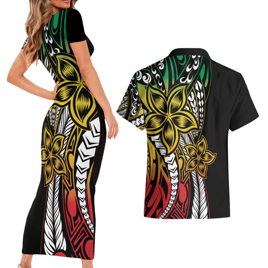 Polynesian Plumeria Floral Tattoo Pattern Couples Matching Short Sleeve Bodycon Dress and Hawaiian Shirt Reggae Style LT9 - Polynesian Pride