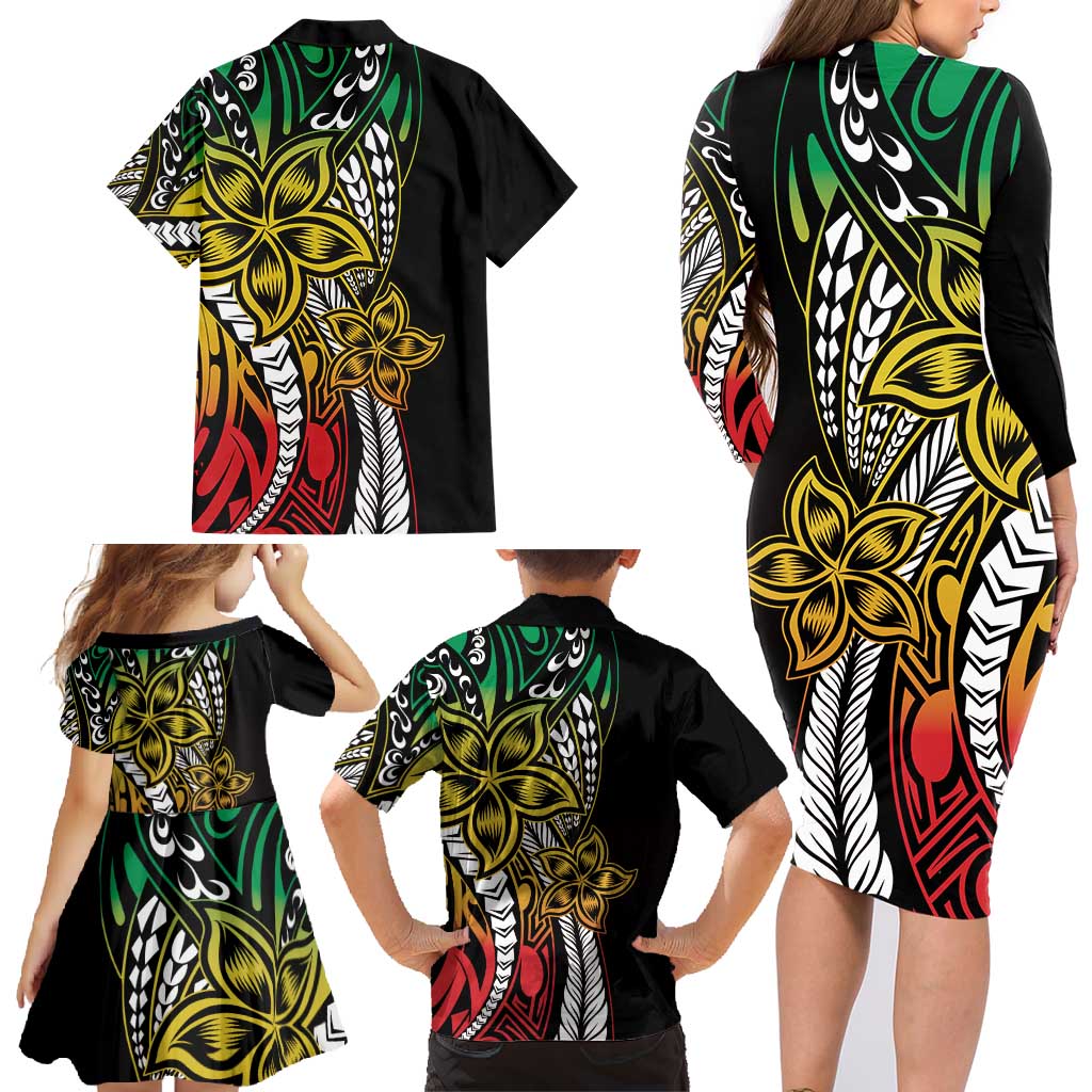 Polynesian Plumeria Floral Tattoo Pattern Family Matching Long Sleeve Bodycon Dress and Hawaiian Shirt Reggae Style LT9 - Polynesian Pride