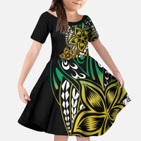Polynesian Plumeria Floral Tattoo Pattern Family Matching Off The Shoulder Long Sleeve Dress and Hawaiian Shirt Reggae Style LT9 Daughter's Dress Reggae - Polynesian Pride