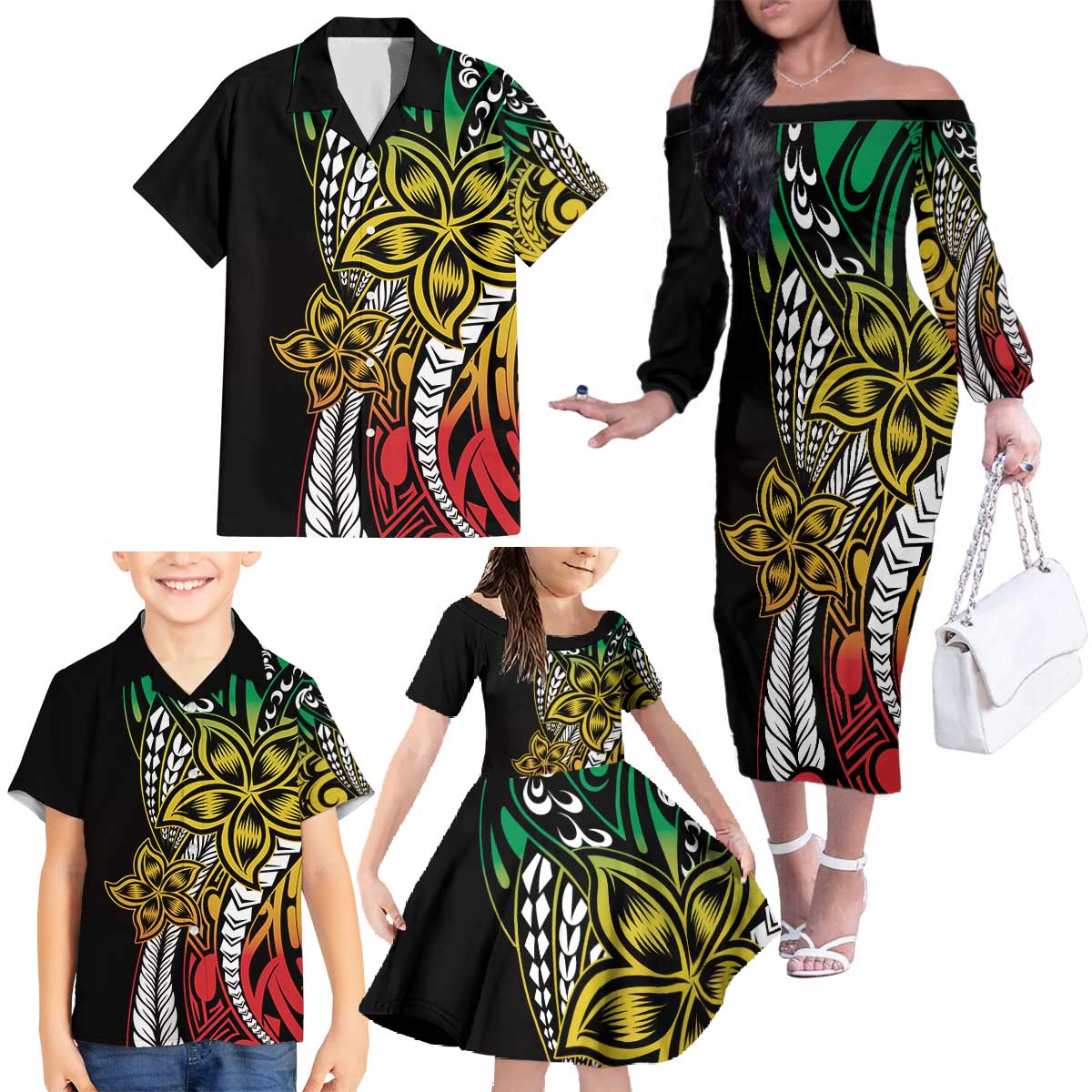 Polynesian Plumeria Floral Tattoo Pattern Family Matching Off The Shoulder Long Sleeve Dress and Hawaiian Shirt Reggae Style LT9 - Polynesian Pride