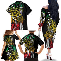 Polynesian Plumeria Floral Tattoo Pattern Family Matching Off The Shoulder Long Sleeve Dress and Hawaiian Shirt Reggae Style LT9 - Polynesian Pride
