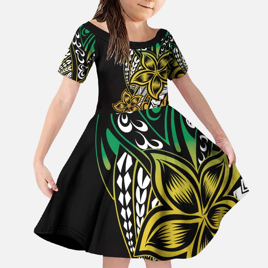 Polynesian Plumeria Floral Tattoo Pattern Family Matching Off Shoulder Maxi Dress and Hawaiian Shirt Reggae Style LT9 Daughter's Dress Reggae - Polynesian Pride