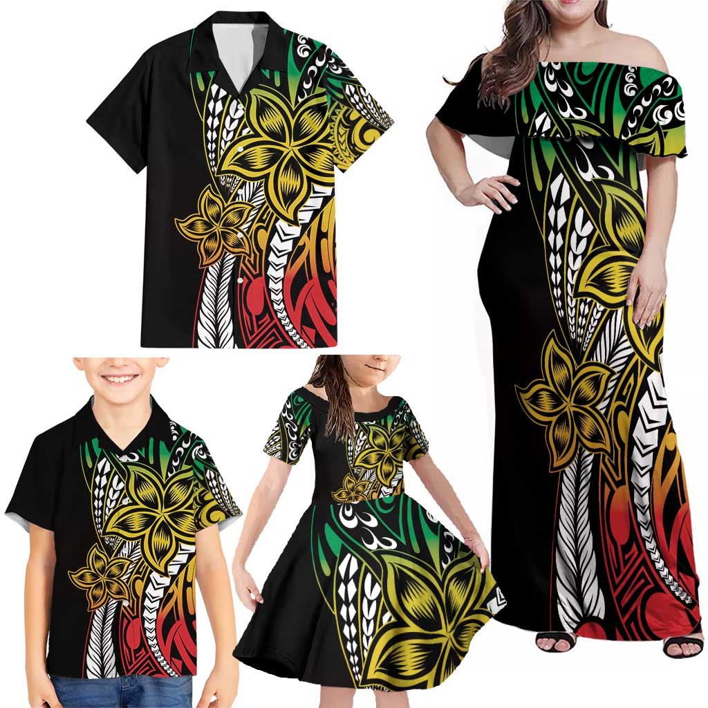 Polynesian Plumeria Floral Tattoo Pattern Family Matching Off Shoulder Maxi Dress and Hawaiian Shirt Reggae Style LT9 - Polynesian Pride