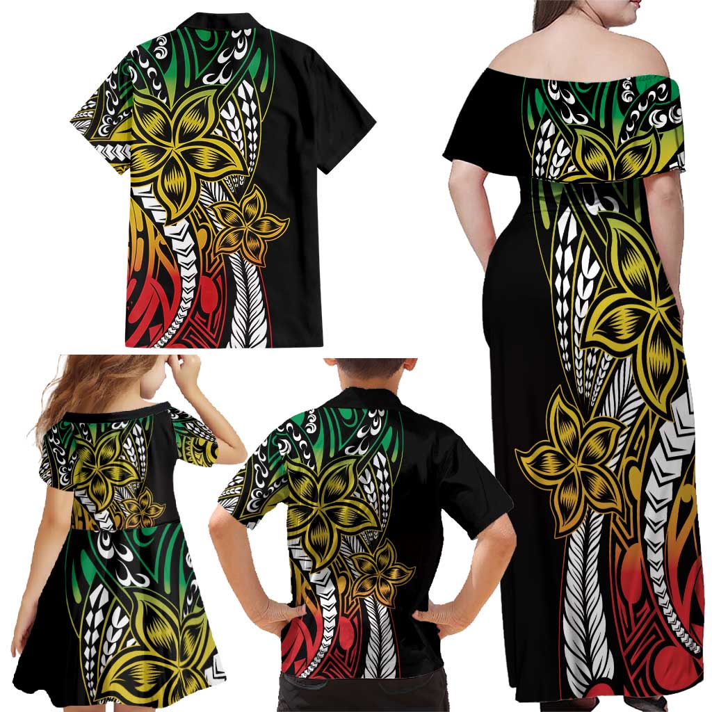 Polynesian Plumeria Floral Tattoo Pattern Family Matching Off Shoulder Maxi Dress and Hawaiian Shirt Reggae Style LT9 - Polynesian Pride