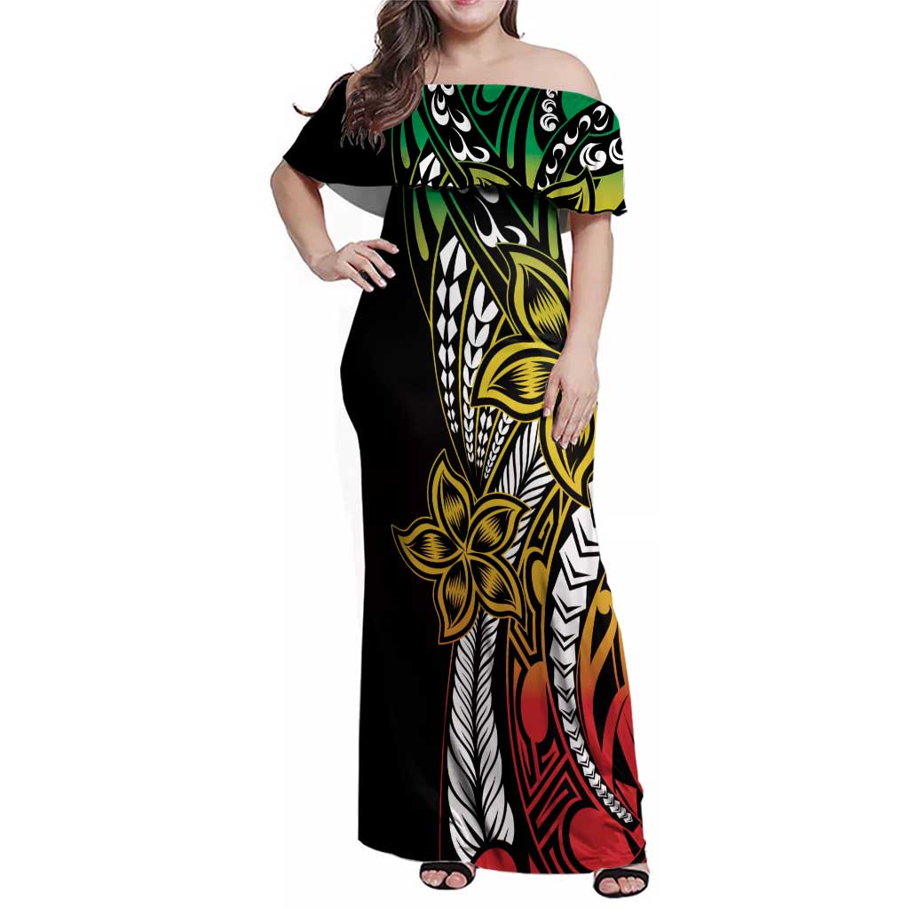 Polynesian Plumeria Floral Tattoo Pattern Family Matching Off Shoulder Maxi Dress and Hawaiian Shirt Reggae Style LT9 Mom's Dress Reggae - Polynesian Pride