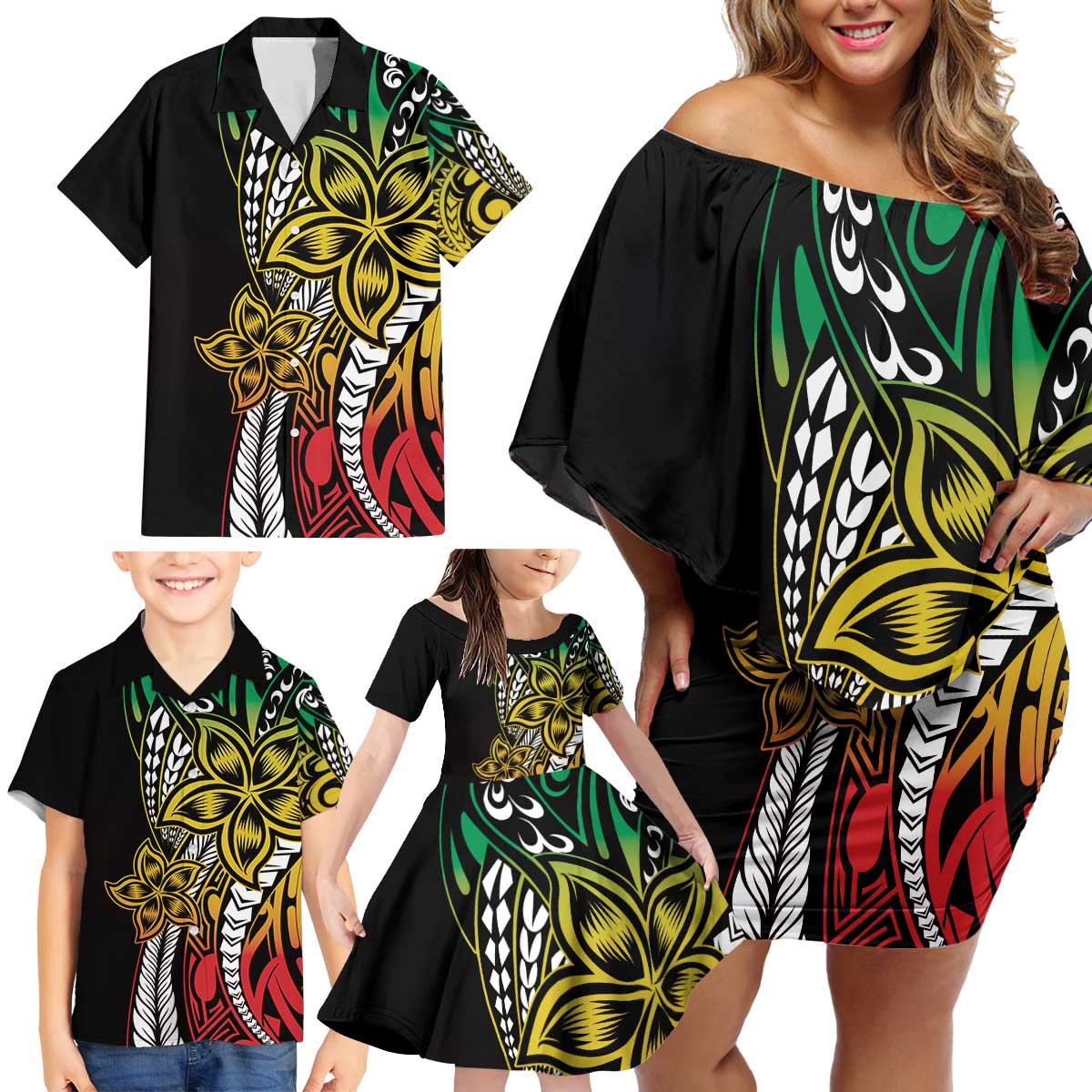 Polynesian Plumeria Floral Tattoo Pattern Family Matching Off Shoulder Short Dress and Hawaiian Shirt Reggae Style LT9 - Polynesian Pride