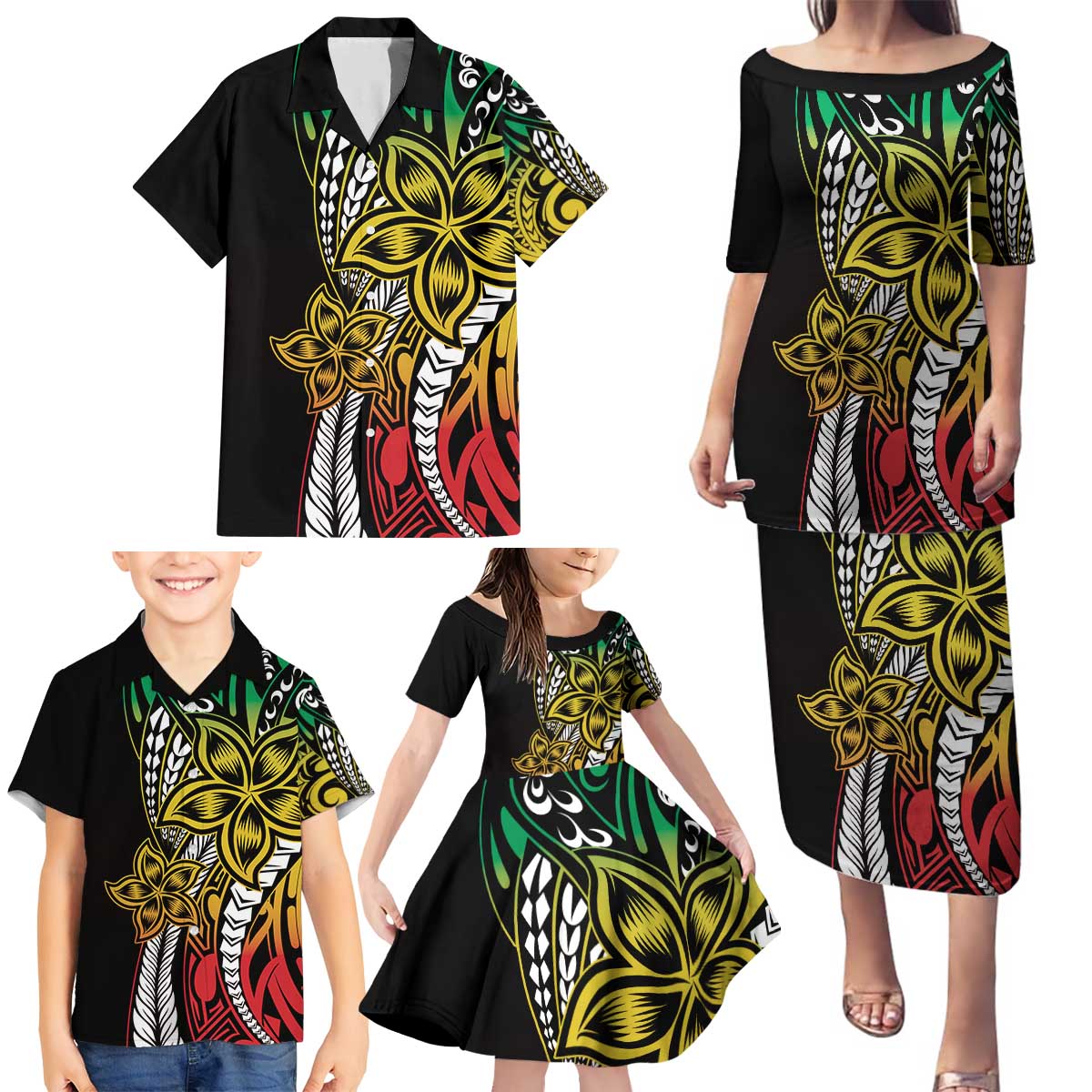 Polynesian Plumeria Floral Tattoo Pattern Family Matching Puletasi and Hawaiian Shirt Reggae Style LT9 - Polynesian Pride
