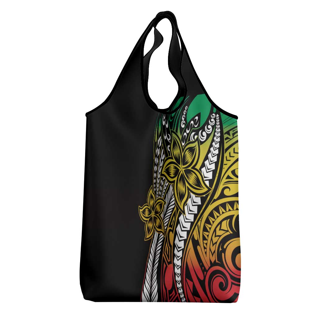 Polynesian Plumeria Floral Tattoo Pattern Grocery Bag Reggae Style