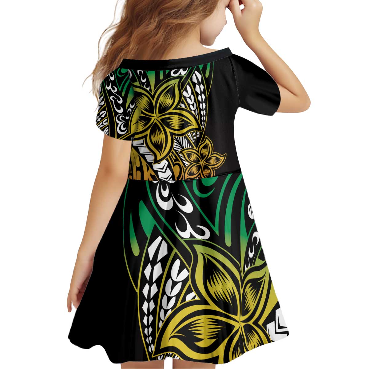 Polynesian Plumeria Floral Tattoo Pattern Kid Short Sleeve Dress Reggae Style