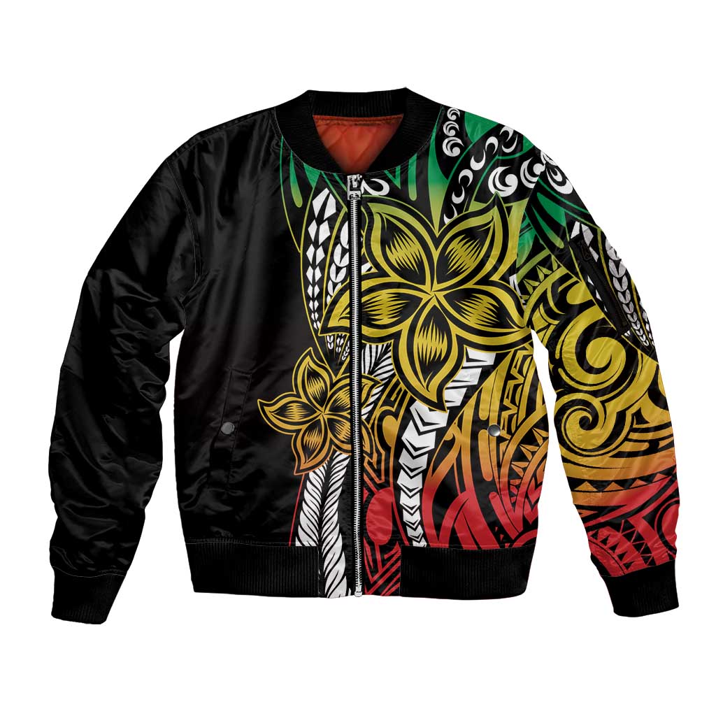 Polynesian Plumeria Floral Tattoo Pattern Sleeve Zip Bomber Jacket Reggae Style LT9 Unisex Reggae - Polynesian Pride