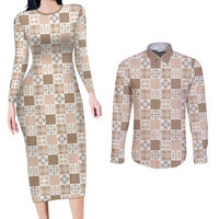 Hawaiian Palaka Quilt Pattern Couples Matching Long Sleeve Bodycon Dress and Long Sleeve Button Shirt Hawaii Culture Bird of Paradise Exotic Motif LT9 Beige - Polynesian Pride