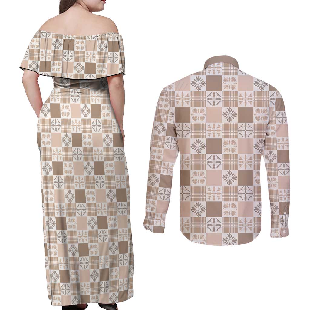 Hawaiian Palaka Quilt Pattern Couples Matching Off Shoulder Maxi Dress and Long Sleeve Button Shirt Hawaii Culture Bird of Paradise Exotic Motif LT9 - Polynesian Pride