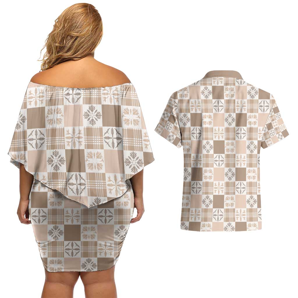 Hawaiian Palaka Quilt Pattern Couples Matching Off Shoulder Short Dress and Hawaiian Shirt Hawaii Culture Bird of Paradise Exotic Motif LT9 - Polynesian Pride