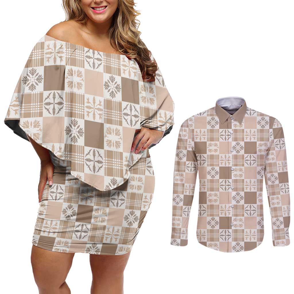 Hawaiian Palaka Quilt Pattern Couples Matching Off Shoulder Short Dress and Long Sleeve Button Shirt Hawaii Culture Bird of Paradise Exotic Motif - Polynesian Pride
