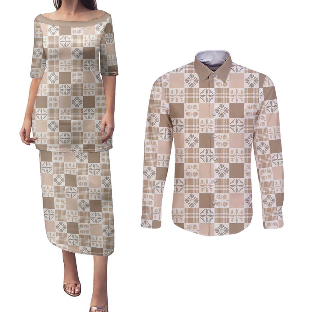 Hawaiian Palaka Quilt Pattern Couples Matching Puletasi and Long Sleeve Button Shirt Hawaii Culture Bird of Paradise Exotic Motif - Polynesian Pride