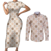 Hawaiian Palaka Quilt Pattern Couples Matching Short Sleeve Bodycon Dress and Long Sleeve Button Shirt Hawaii Culture Bird of Paradise Exotic Motif LT9 Beige - Polynesian Pride
