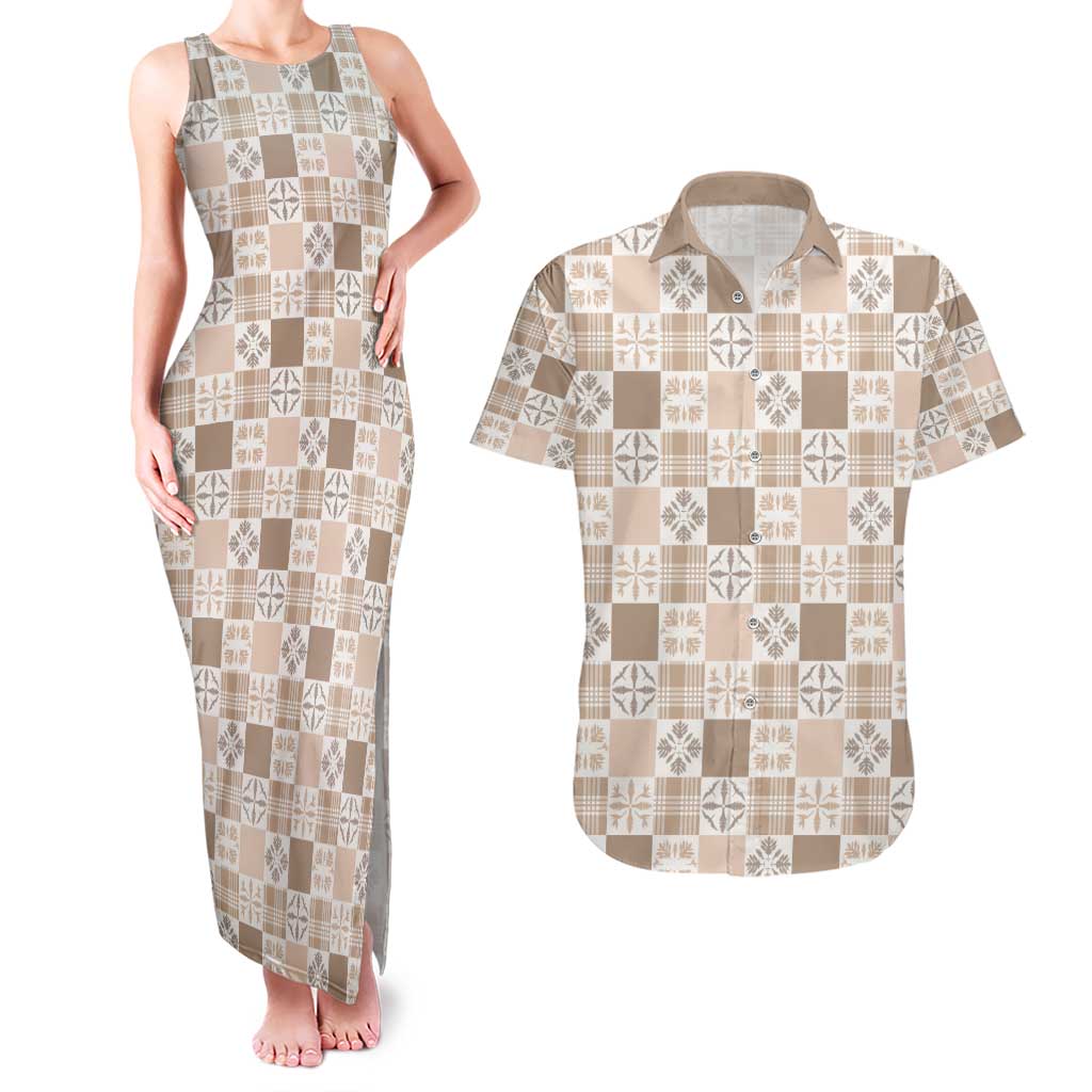 Hawaiian Palaka Quilt Pattern Couples Matching Tank Maxi Dress and Hawaiian Shirt Hawaii Culture Bird of Paradise Exotic Motif LT9 Beige - Polynesian Pride