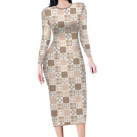 Hawaiian Palaka Quilt Pattern Family Matching Long Sleeve Bodycon Dress and Hawaiian Shirt Hawaii Culture Bird of Paradise Exotic Motif LT9 Mom's Dress Beige - Polynesian Pride