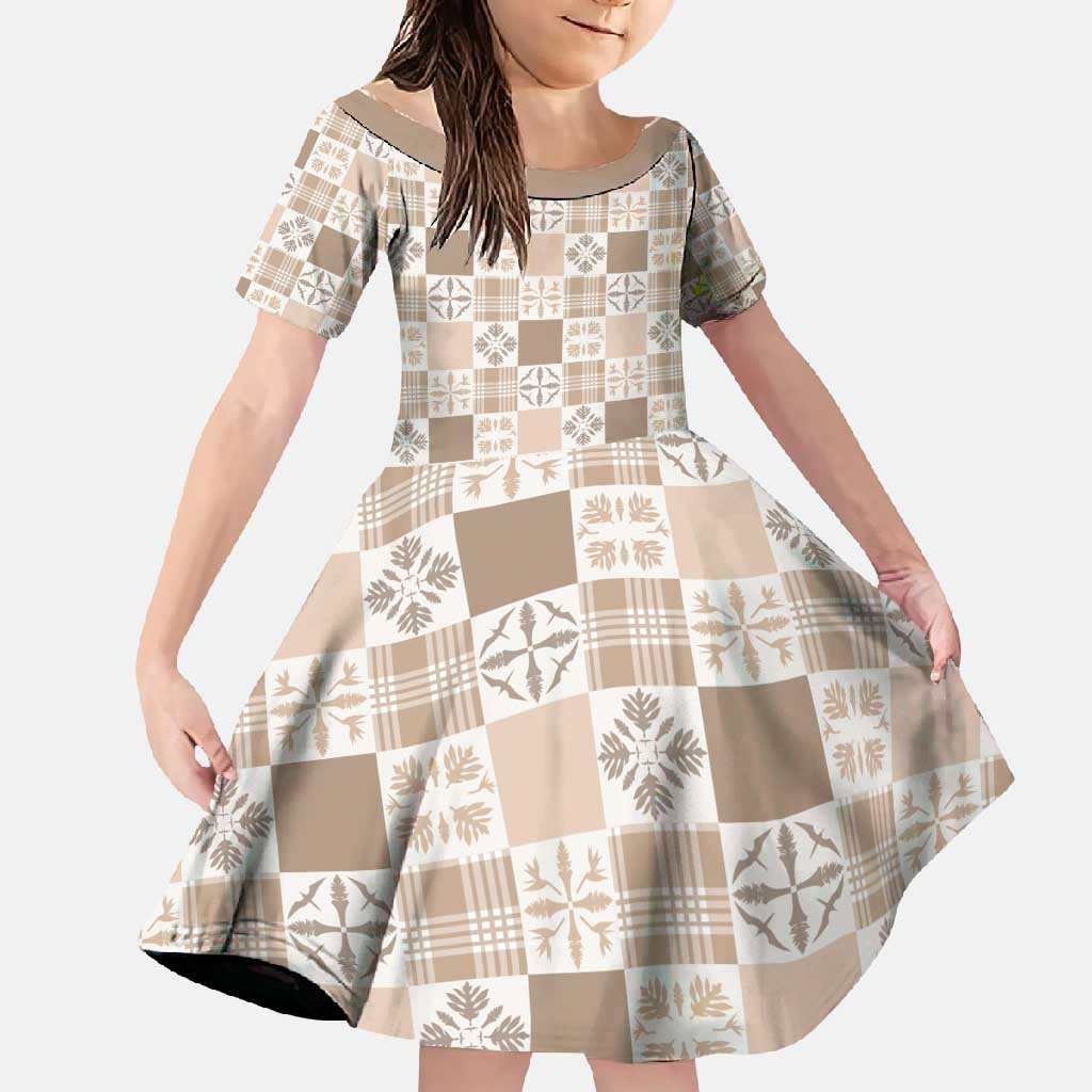 Hawaiian Palaka Quilt Pattern Family Matching Mermaid Dress and Hawaiian Shirt Hawaii Culture Bird of Paradise Exotic Motif LT9 Daughter's Dress Beige - Polynesian Pride