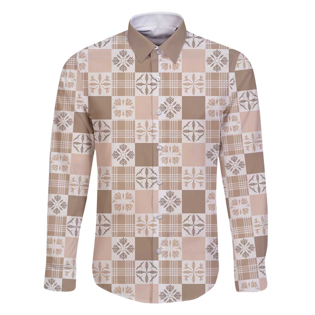 Hawaiian Palaka Quilt Pattern Family Matching Off Shoulder Maxi Dress and Hawaiian Shirt Hawaii Culture Bird of Paradise Exotic Motif LT9 Dad's Shirt - Long Sleeve Beige - Polynesian Pride