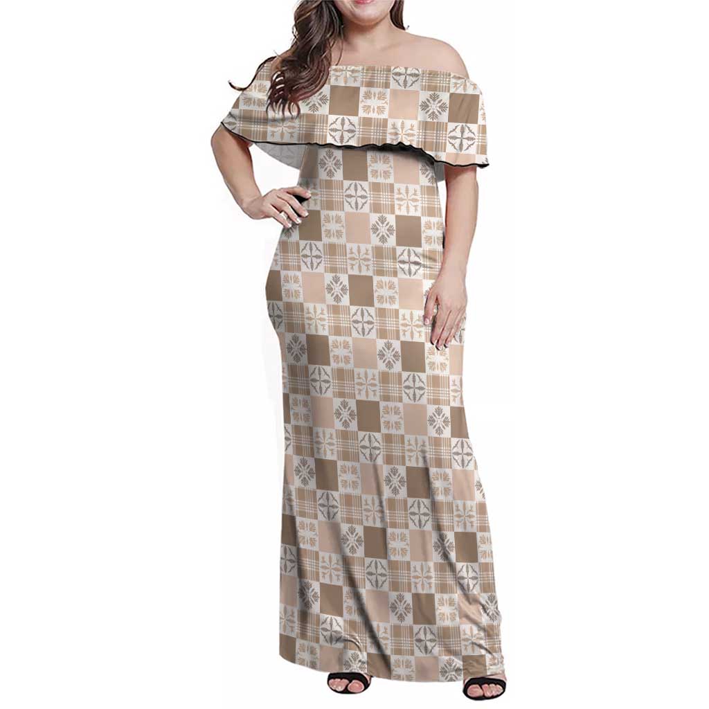 Hawaiian Palaka Quilt Pattern Family Matching Off Shoulder Maxi Dress and Hawaiian Shirt Hawaii Culture Bird of Paradise Exotic Motif LT9 Mom's Dress Beige - Polynesian Pride