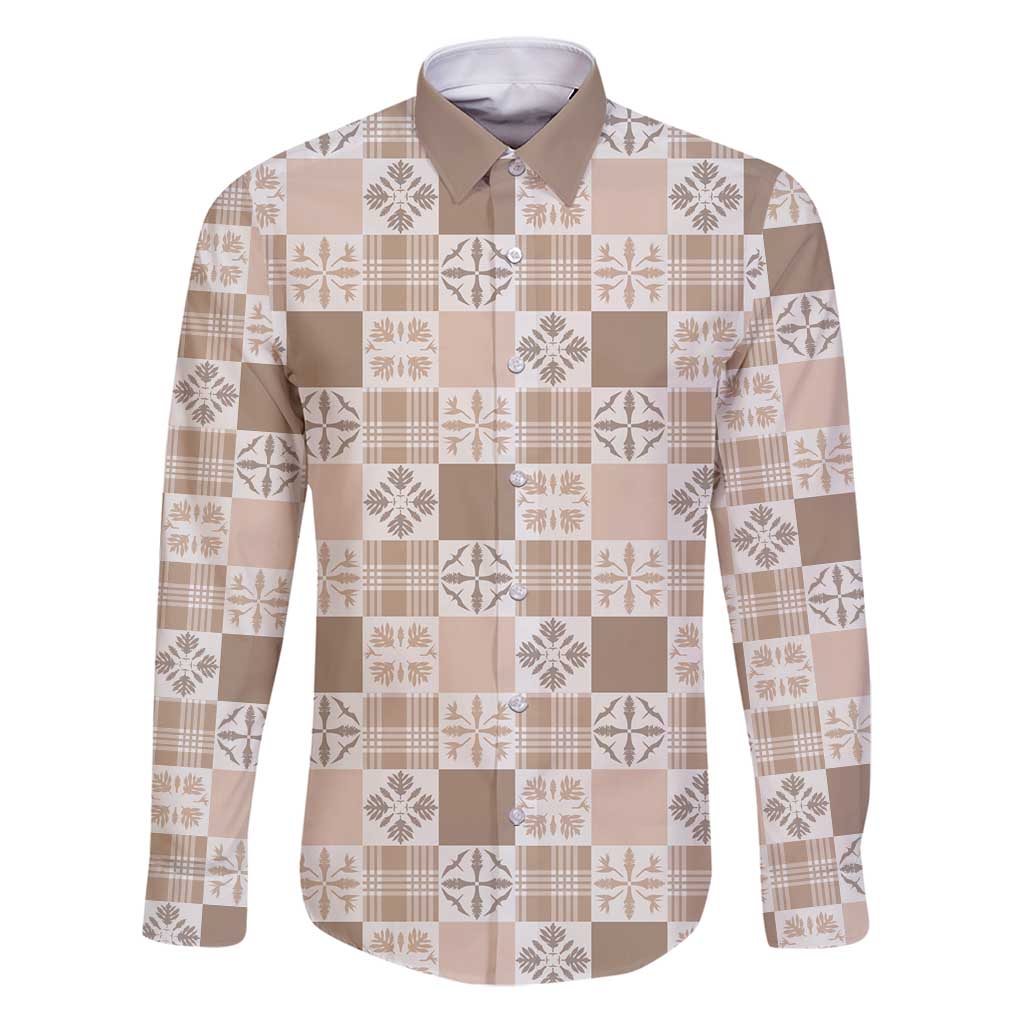 Hawaiian Palaka Quilt Pattern Family Matching Puletasi and Hawaiian Shirt Hawaii Culture Bird of Paradise Exotic Motif LT9 Dad's Shirt - Long Sleeve Beige - Polynesian Pride
