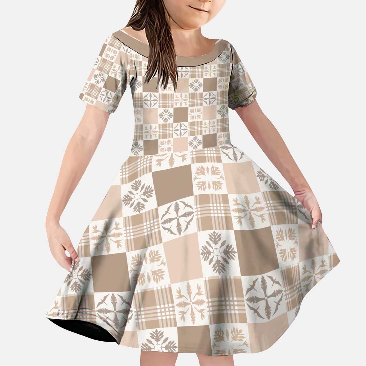 Hawaiian Palaka Quilt Pattern Kid Short Sleeve Dress Hawaii Culture Bird of Paradise Exotic Motif LT9 KID Beige - Polynesian Pride