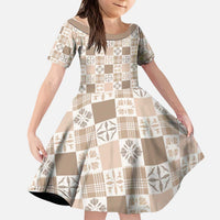 Hawaiian Palaka Quilt Pattern Kid Short Sleeve Dress Hawaii Culture Bird of Paradise Exotic Motif LT9 KID Beige - Polynesian Pride