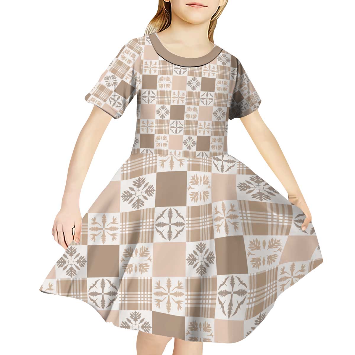 Hawaiian Palaka Quilt Pattern Kid Short Sleeve Dress Hawaii Culture Bird of Paradise Exotic Motif LT9 - Polynesian Pride