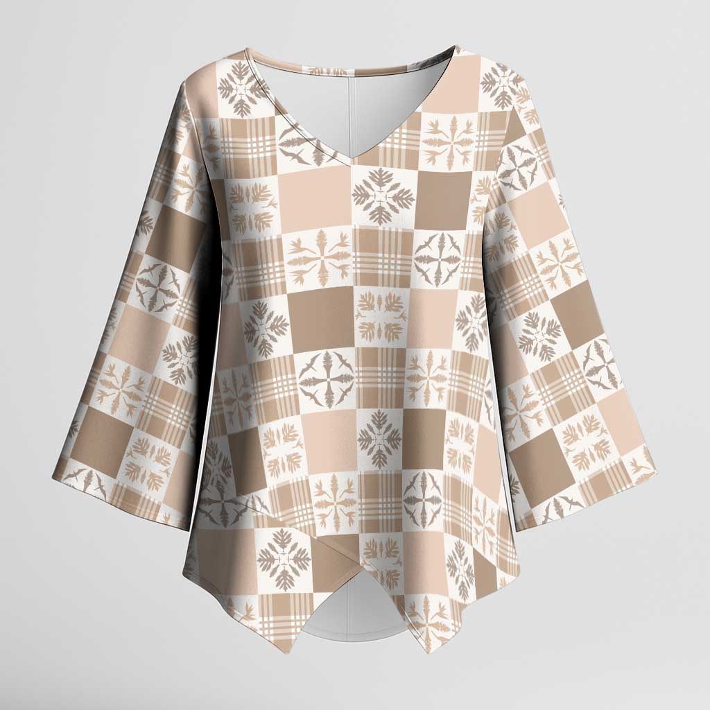 Hawaiian Palaka Quilt Pattern Kimono Sleeve Blouse Hawaii Culture Bird of Paradise Exotic Motif LT9 Female Beige - Polynesian Pride