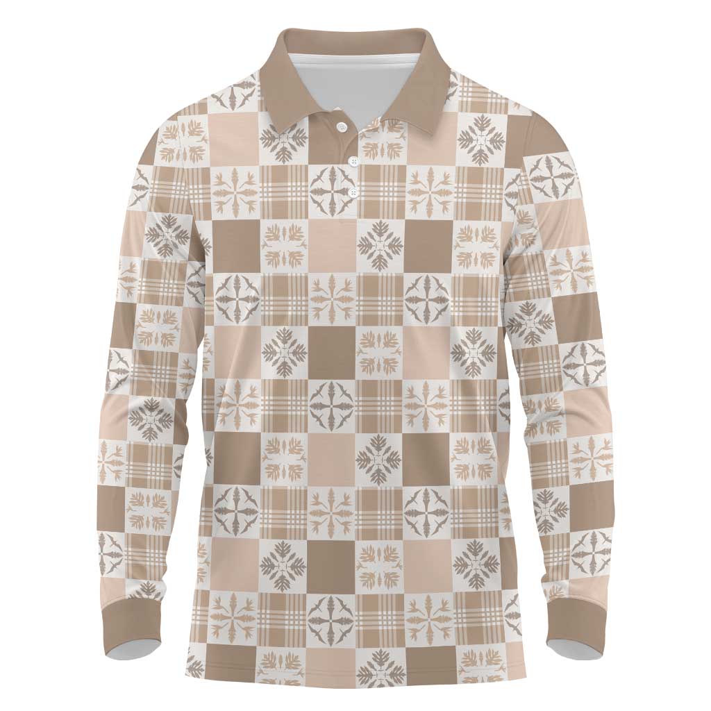 Hawaiian Palaka Quilt Pattern Long Sleeve Polo Shirt Hawaii Culture Bird of Paradise Exotic Motif LT9 Beige - Polynesian Pride