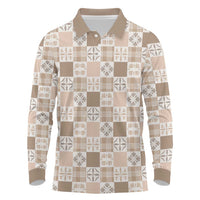 Hawaiian Palaka Quilt Pattern Long Sleeve Polo Shirt Hawaii Culture Bird of Paradise Exotic Motif LT9 Beige - Polynesian Pride