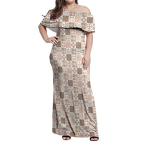 Hawaiian Palaka Quilt Pattern Off Shoulder Maxi Dress Hawaii Culture Bird of Paradise Exotic Motif LT9 Women Beige - Polynesian Pride