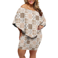Hawaiian Palaka Quilt Pattern Off Shoulder Short Dress Hawaii Culture Bird of Paradise Exotic Motif LT9 Women Beige - Polynesian Pride