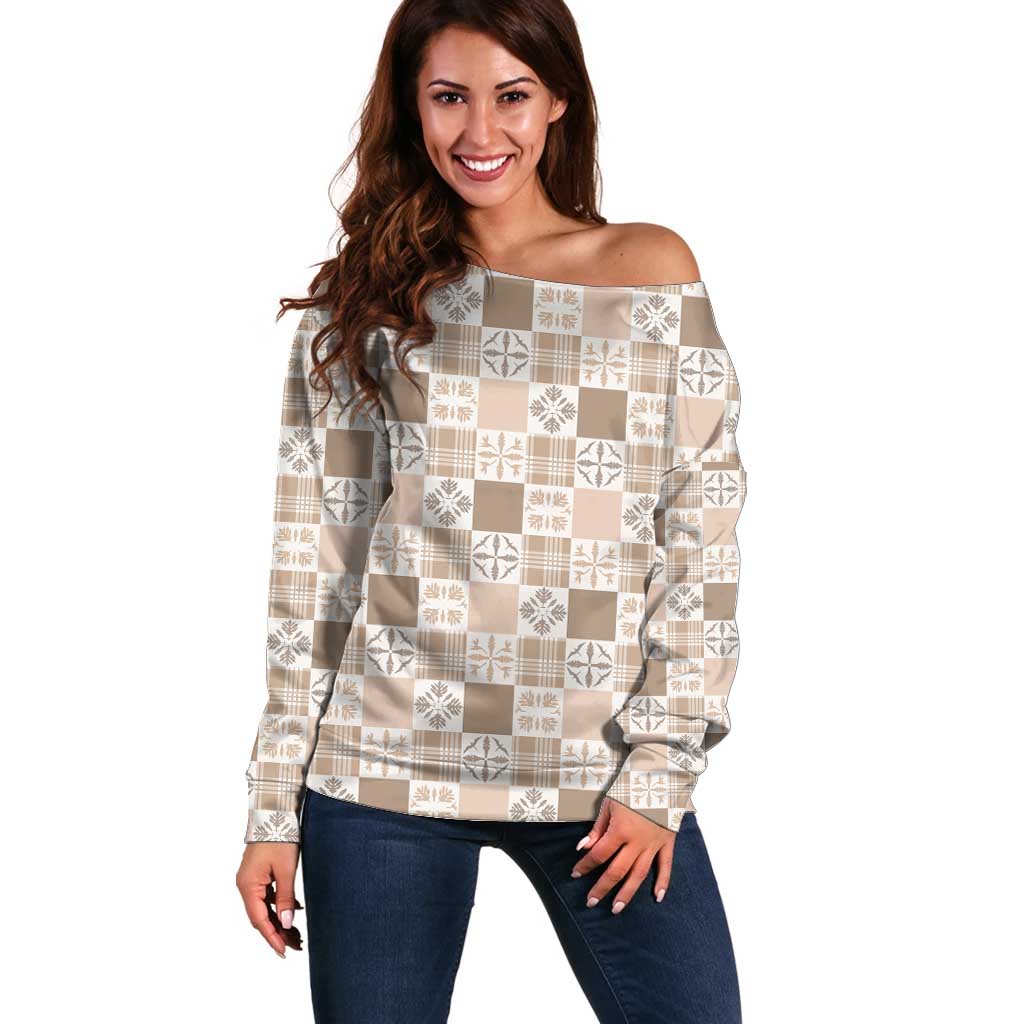 Hawaiian Palaka Quilt Pattern Off Shoulder Sweater Hawaii Culture Bird of Paradise Exotic Motif LT9 Women Beige - Polynesian Pride